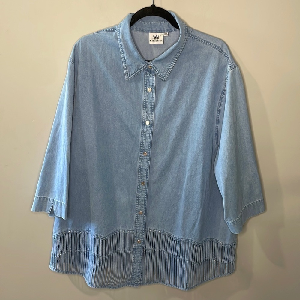 Women's Lafei-Neir Chambray and Rhinestone Strip Detail Snap Front Shirt Size 5X